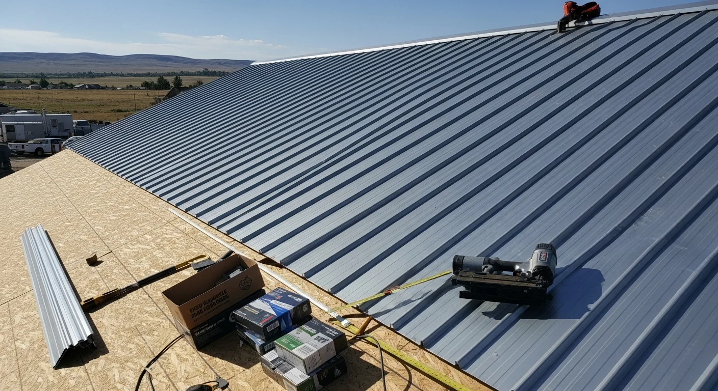 Completed metal roof installation on a residential property in Powell, Wyoming, showing clean panel lines and properly flashed edges. The roof sits against the open sky typical of Park County's semi-arid landscape.