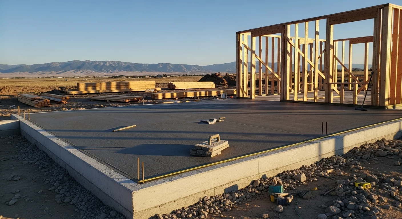 A newly framed residential structure on a rural lot near Powell, Wyoming, with the Big Horn Basin landscape visible in the background. Red Rock Construction LLC crew members work on the build site under clear Wyoming skies.
