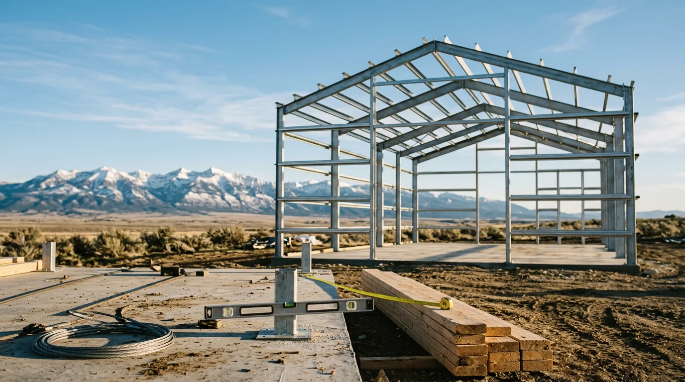 A completed pole barn with steel roofing and wide sliding doors on a working ranch property near Powell, Wyoming. The structure sits against an open Bighorn Basin landscape with clear mountain views in the background.
