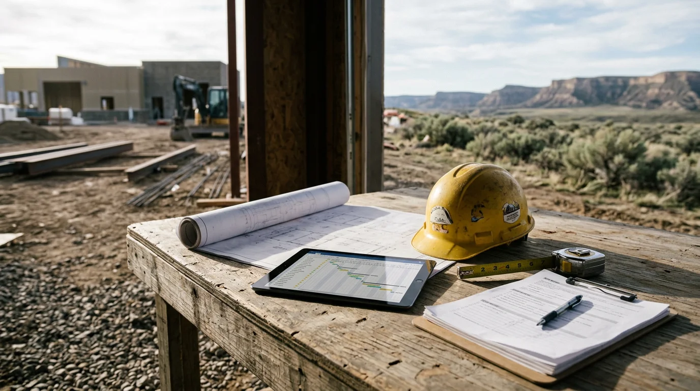 A construction project manager reviewing plans on a job site in Powell, Wyoming, with a partially framed structure visible against a clear Bighorn Basin sky.