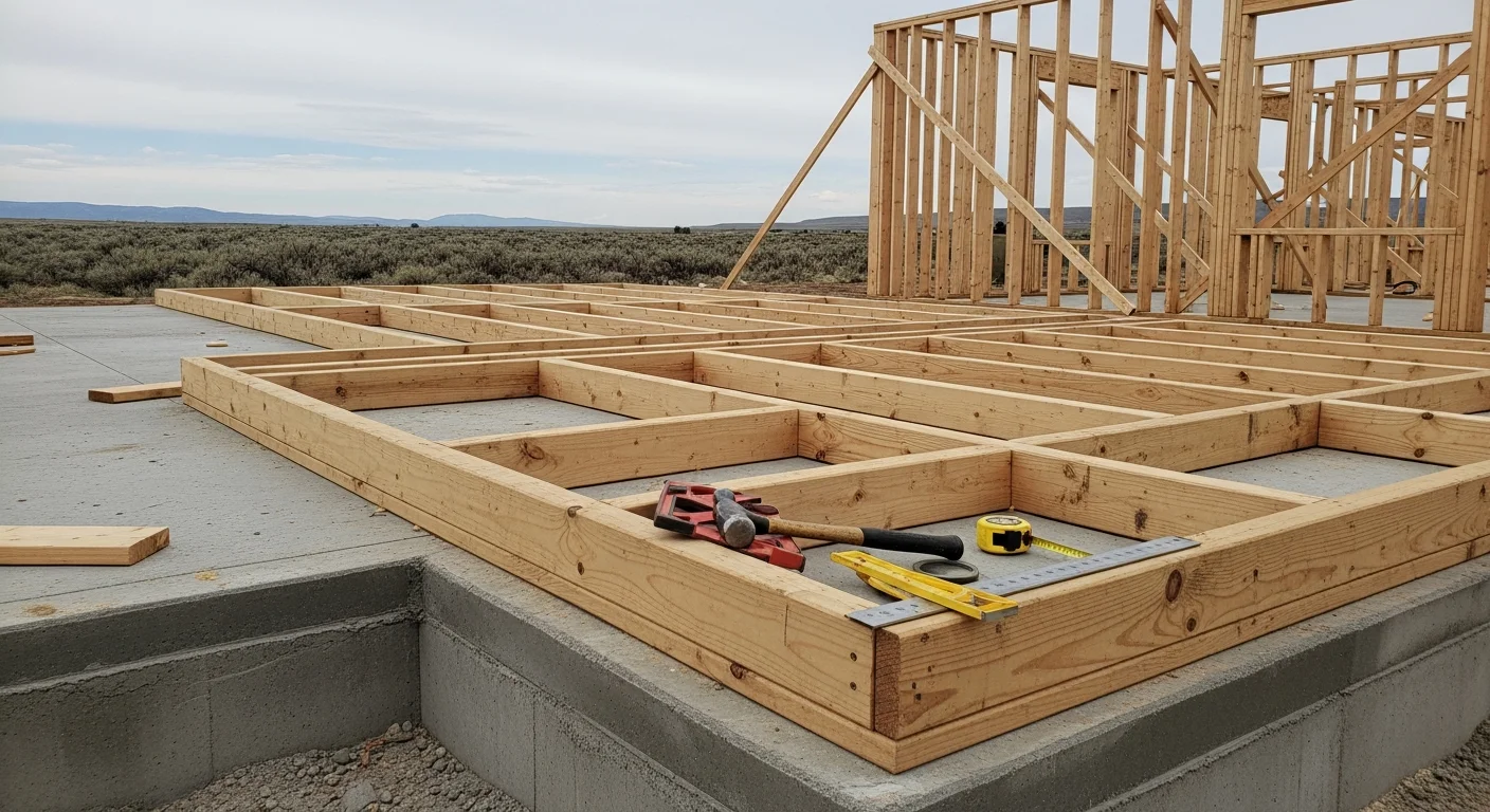 Residential wood framing structure under construction on a rural lot near Powell, Wyoming, with wall studs, floor joists, and roof rafters visible against a clear high-plains sky. A framing crew works on the structure with the open Big Horn Basin landscape in the background.