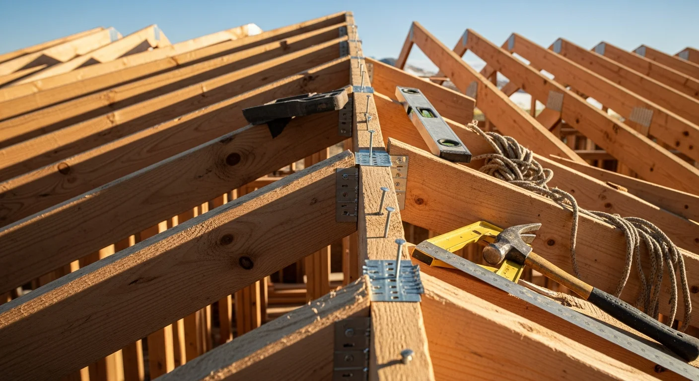 Roof framing in progress on a residential structure in Powell, Wyoming, showing cut rafters and ridge board set against a clear high-plains sky. A framing contractor secures structural members on a new home build near Road 5 in Powell, WY.