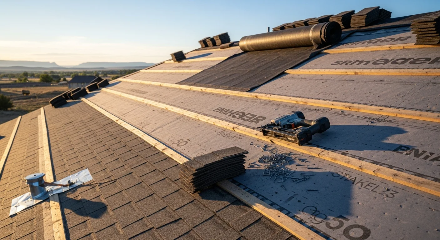 A newly installed roof on a single-story ranch-style home in Powell, Wyoming, with clean ridge lines and finished edge detail visible against a clear high-plains sky. The surrounding landscape reflects the open terrain typical of the Powell, WY 82435 area.