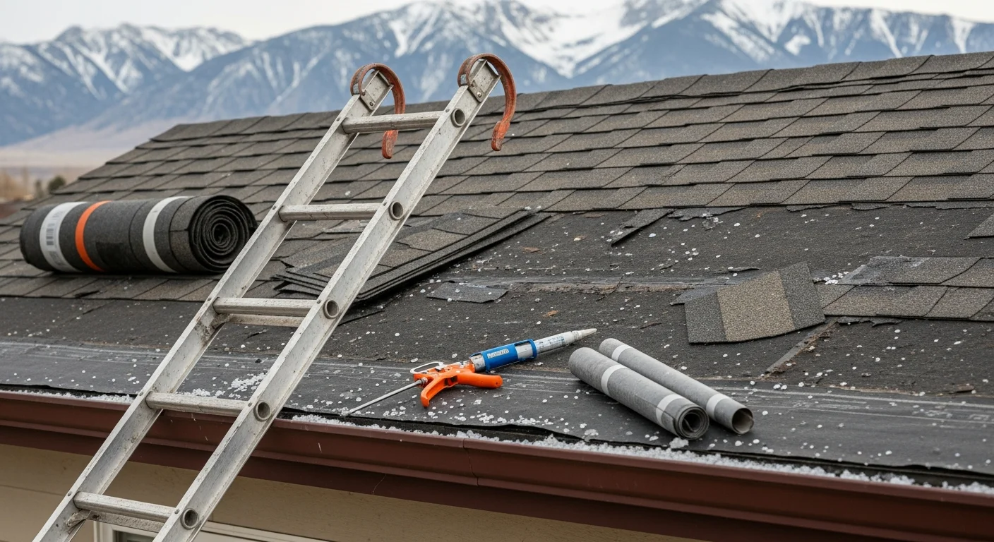 A residential roof in Powell, Wyoming showing repaired shingles and sealed flashing after hail and wind storm damage. A Red Rock Construction LLC crew member inspects the finished repair on a sloped roof against a clear Wyoming sky.