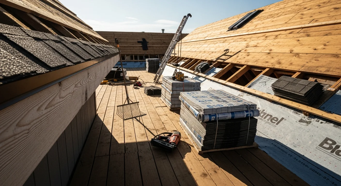 A completed roof replacement on a single-story ranch-style home in Powell, Wyoming, showing a fully installed new roof system with clean ridge lines and no visible damage. The surrounding landscape reflects the open terrain of Park County, Wyoming.