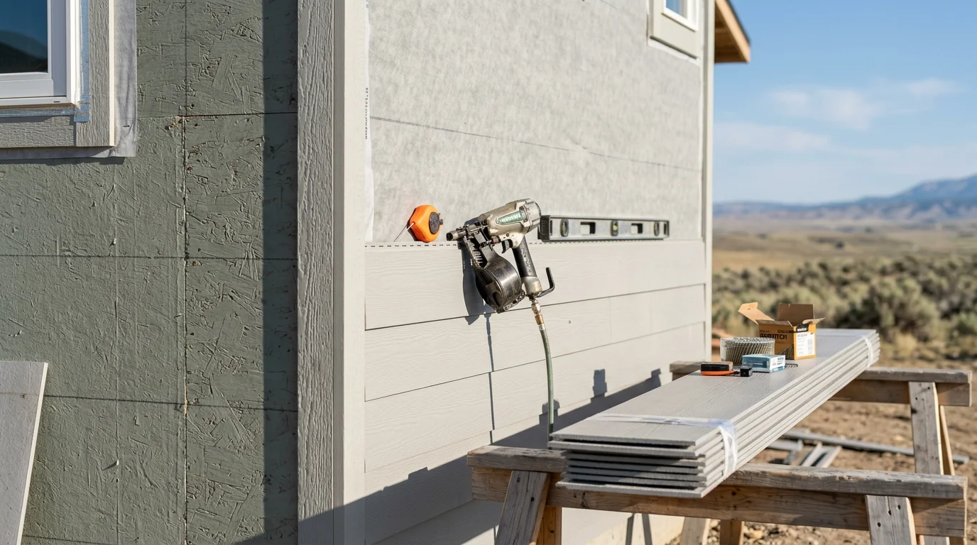 Newly installed siding on a single-family home in Powell, Wyoming, with clean panel lines and finished corner trim. The surrounding landscape reflects the dry, open terrain of the Bighorn Basin.