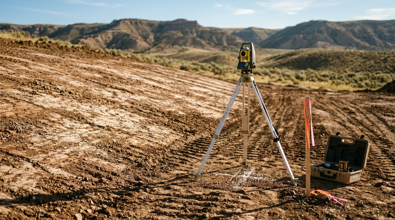 Graded and cleared building site in Powell, Wyoming with level ground ready for foundation work. Bighorn Basin terrain and open sky visible in the background.