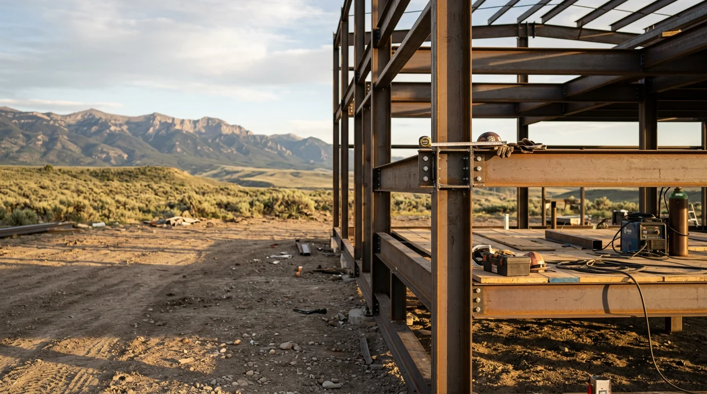 A completed steel building constructed by Red Rock Construction LLC on a rural property in the Bighorn Basin near Powell, Wyoming. The structure features a clear-span design suited for agricultural or commercial use against a wide Wyoming sky.