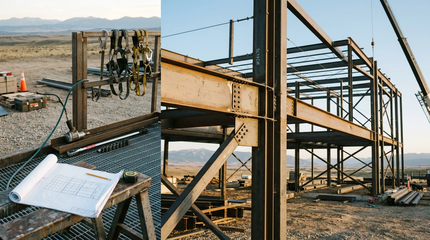 Steel framing structure mid-construction on a commercial building site near Powell, Wyoming, with open Bighorn Basin landscape visible in the background. Exposed steel studs and tracks form the wall and roof frame against a clear Wyoming sky.