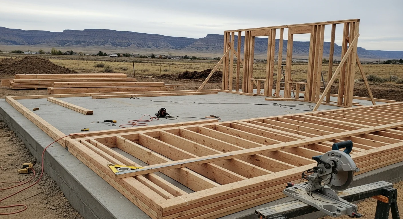 Freshly framed interior walls of a residential home under construction in Powell, Wyoming, showing evenly spaced vertical studs and horizontal plates ready for insulation and drywall. A Red Rock Construction LLC wall framing project at the rough-in stage with an open floor plan visible.